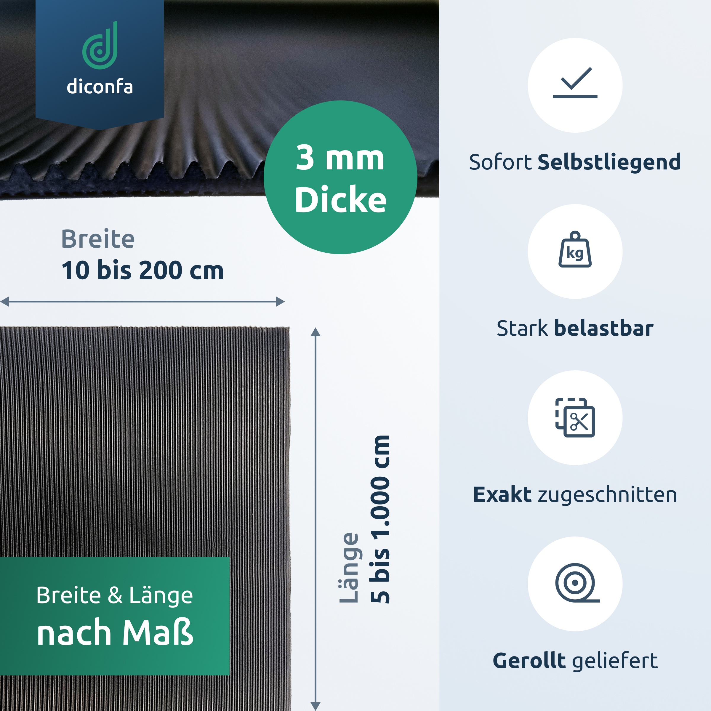 Feinriefenmatte Gummimatte 3mm stark schwarz nach Maß