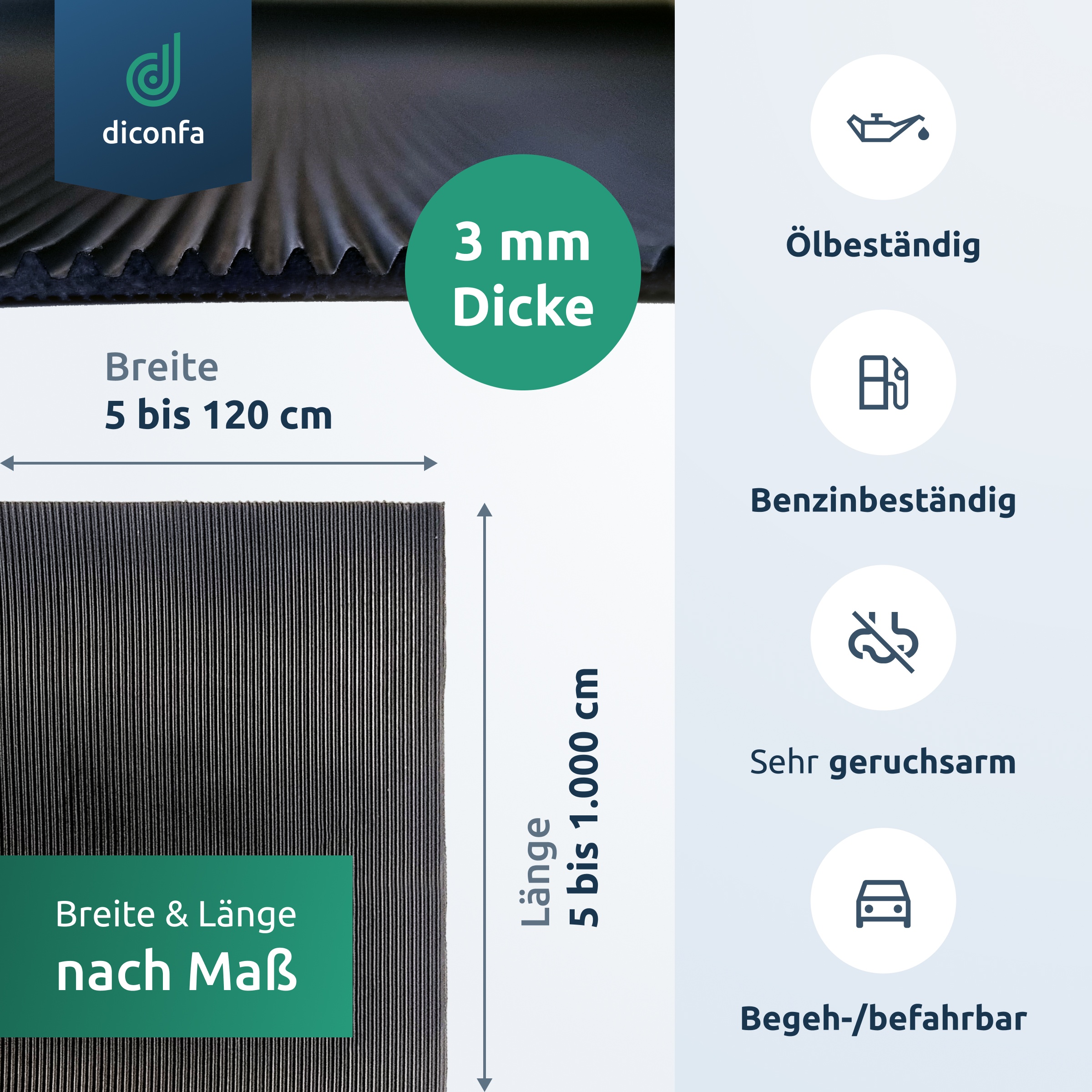 ÖLBESTÄNDIGE Feinriefenmatte 3 mm stark nach Maß